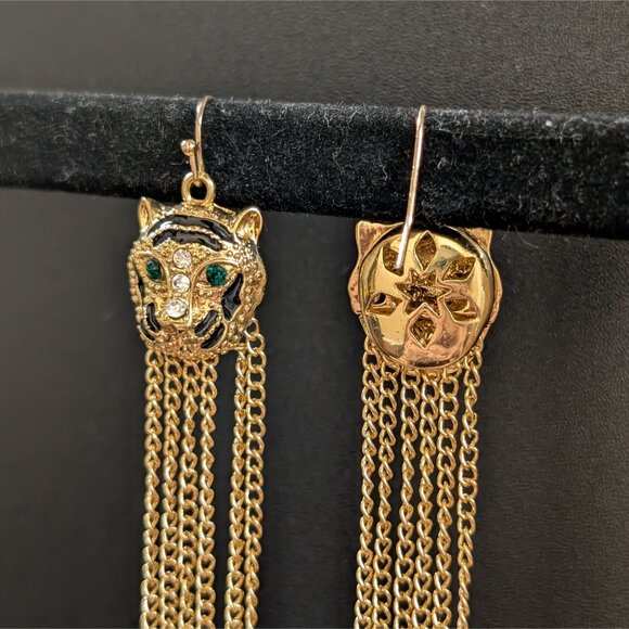 VTG Y2K Gold Tiger Dangle Earrings Bedazzled Fashion Metal Cleopatra Indie - Picture 3 of 4